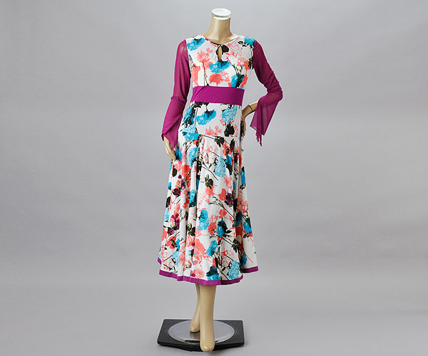 社交ダンス衣装 ドレスの販売 インスピレーション ルンバ カラフルプリントエレガントロングワンピース